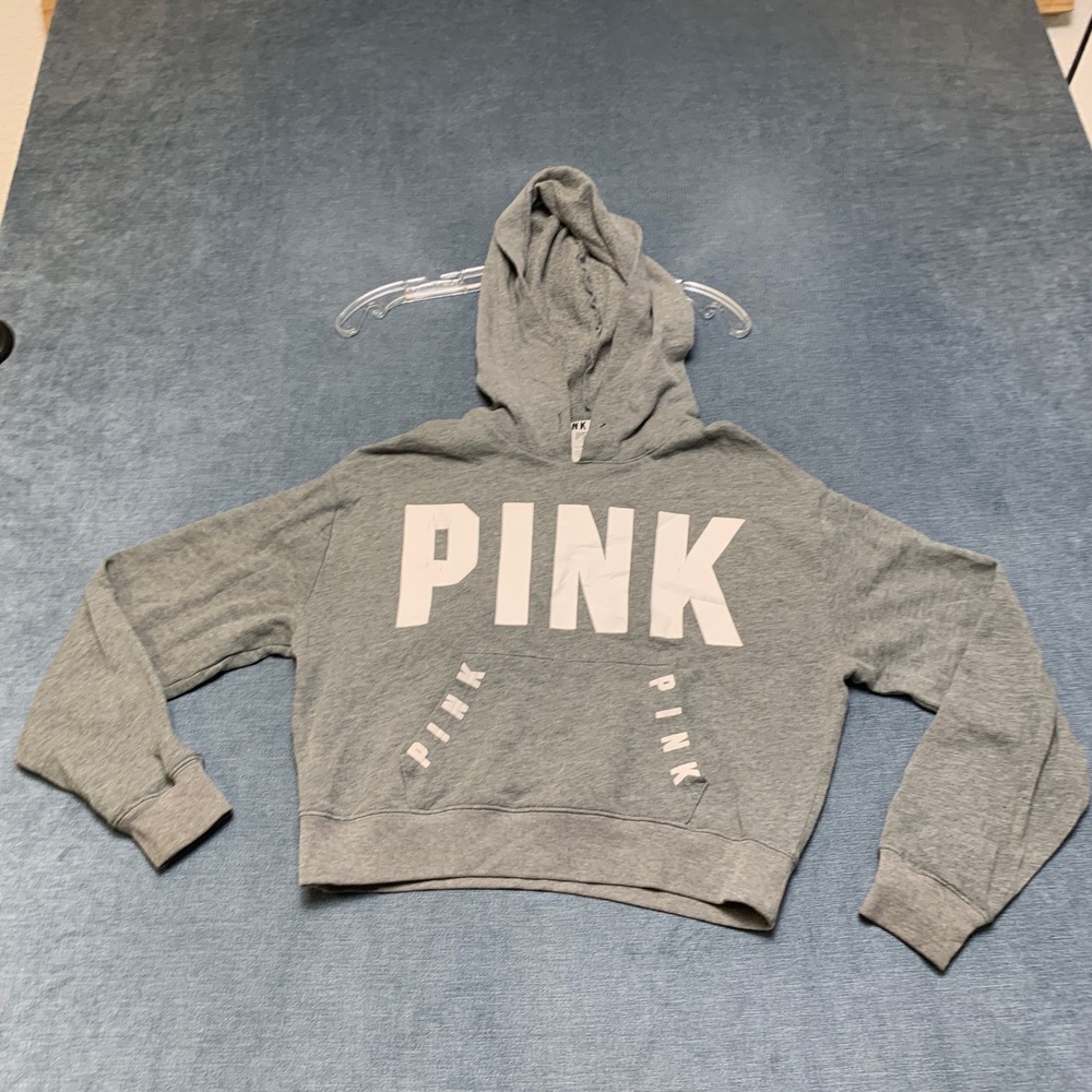 Victoria Secret PINK Hoodie Women XS Gray Long Sleeve Logo Fleece Lined Pullover
